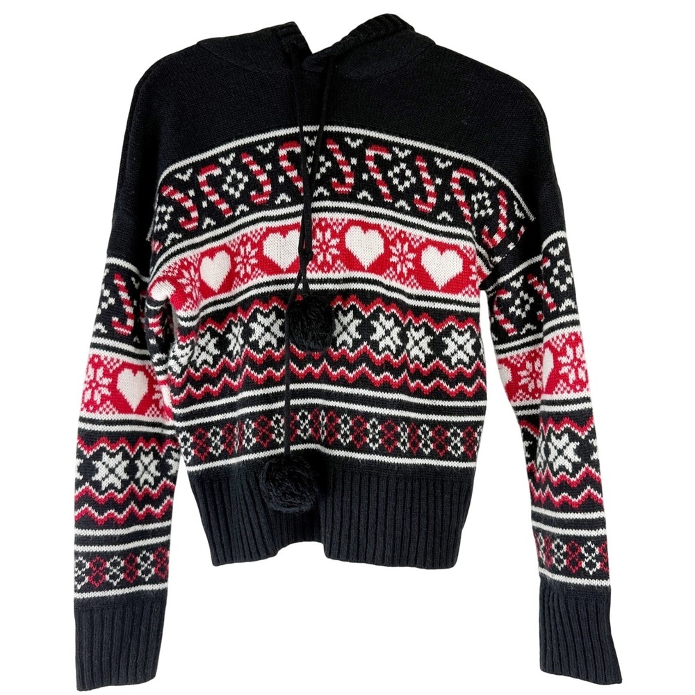 No Boundaries Black Red Fair Isle Heart Candy Cane Sherpa Lined Hoodie Sweater S